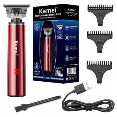 Tondeuse à cheveux Kemei rechargeable sans fil avec 3 pics accessoires- Rouge