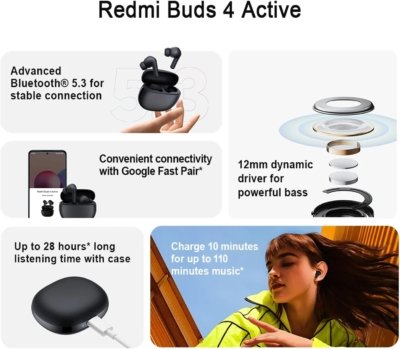 Xiaomi Redmi Buds 4 Active TWS Wireless Earbuds, Bluetooth 5.3
